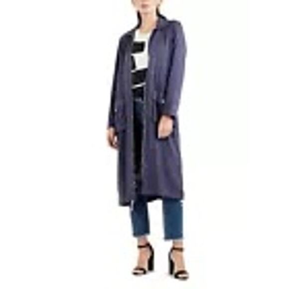 Navy Longline Duster Jacket Zip Front Utility Pockets Lightweight Coat - Picture 1 of 8